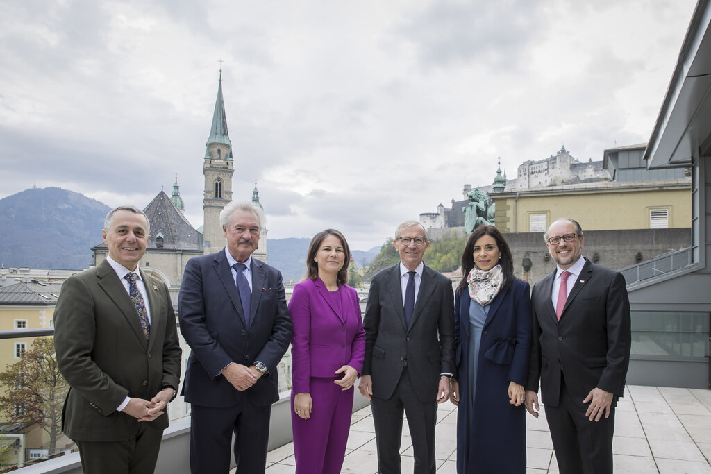 Treffen deutschsprachige Außenminister: Schweiz Ignazio Cassis, Luxemburg Jean Asselborn, Deutschland Annalena Baerbock, LH Wilfried Haslauer, Liechtenstein Dominique Hasler, Österreich Alexander Schallenberg