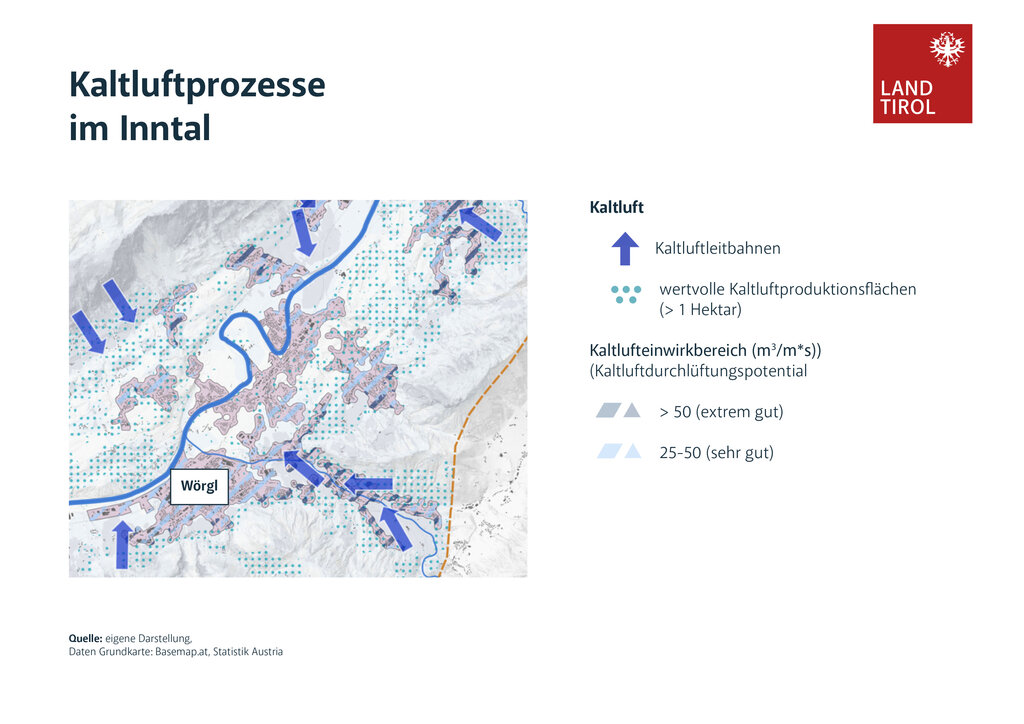 Land Tirol/ Rosinak und Partner - Die Karte zeigt Kaltluftprozesse im Inntal.